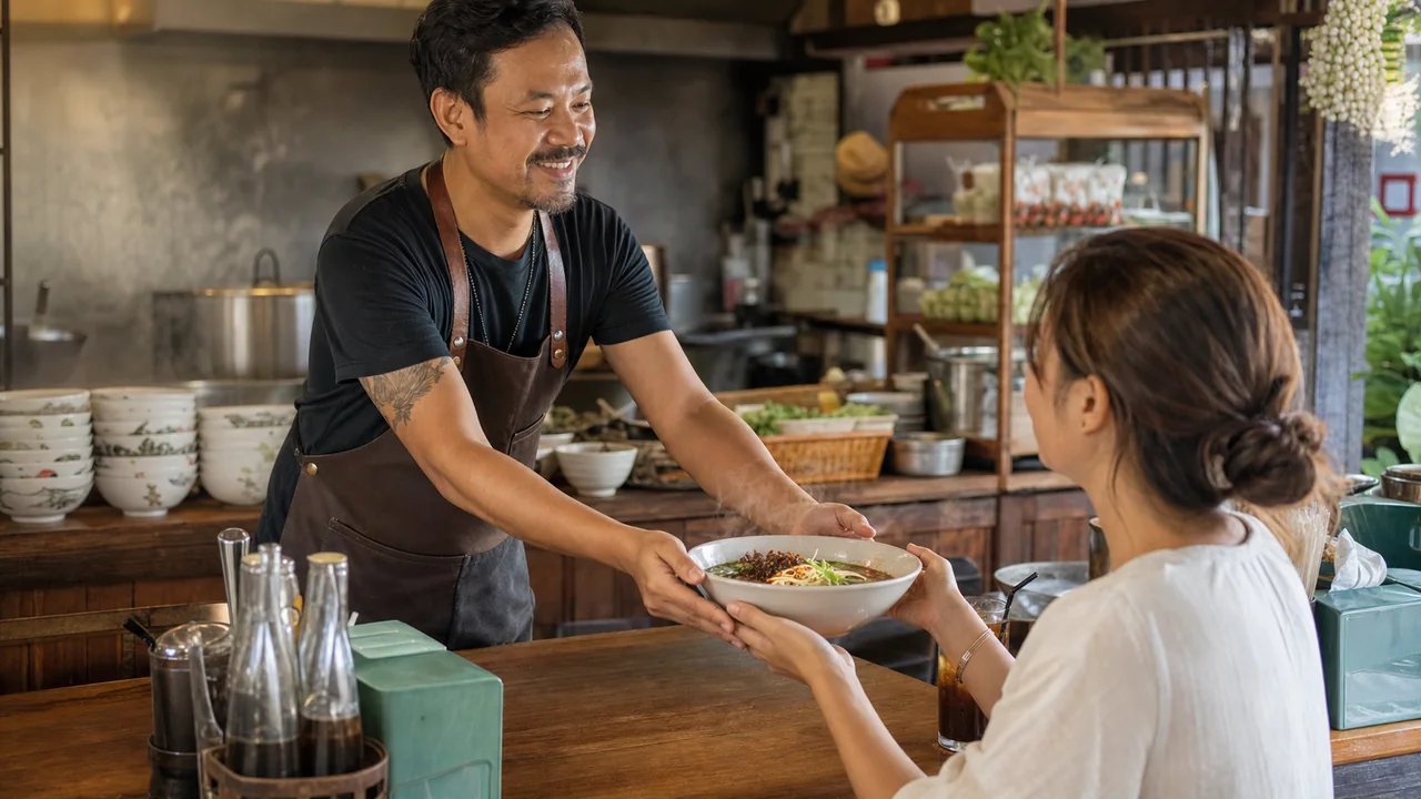 Cook serving a boat noodle bowl to a diner in a Thai kitchen