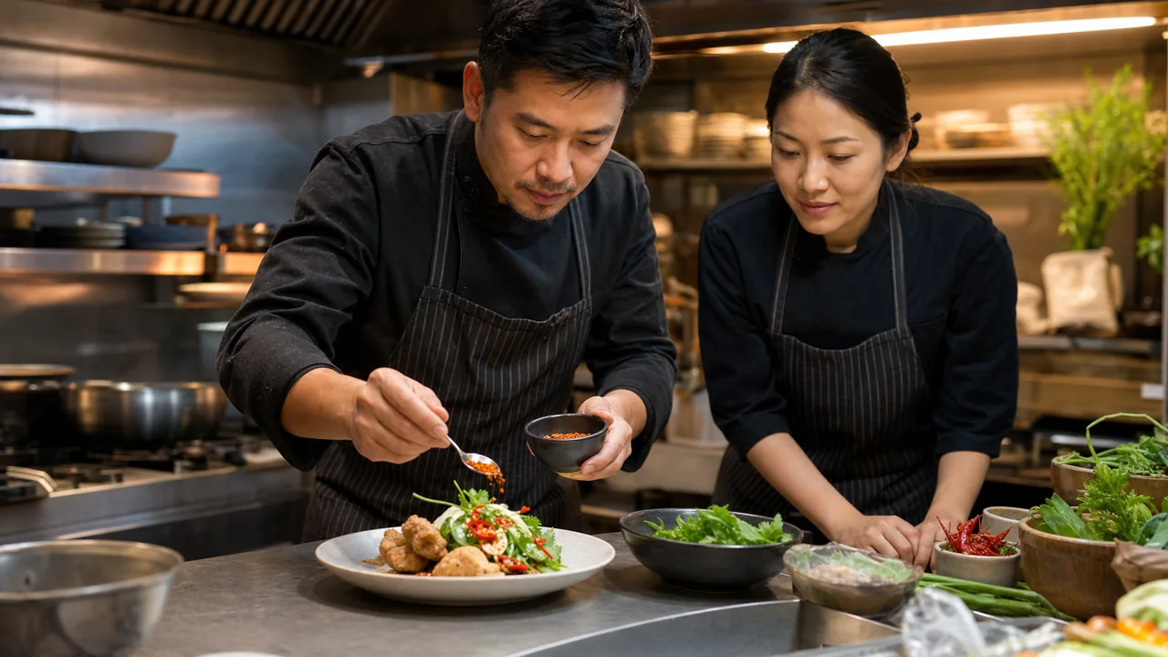 Chef plating a dish with Thai crispy chili in a professional kitchen