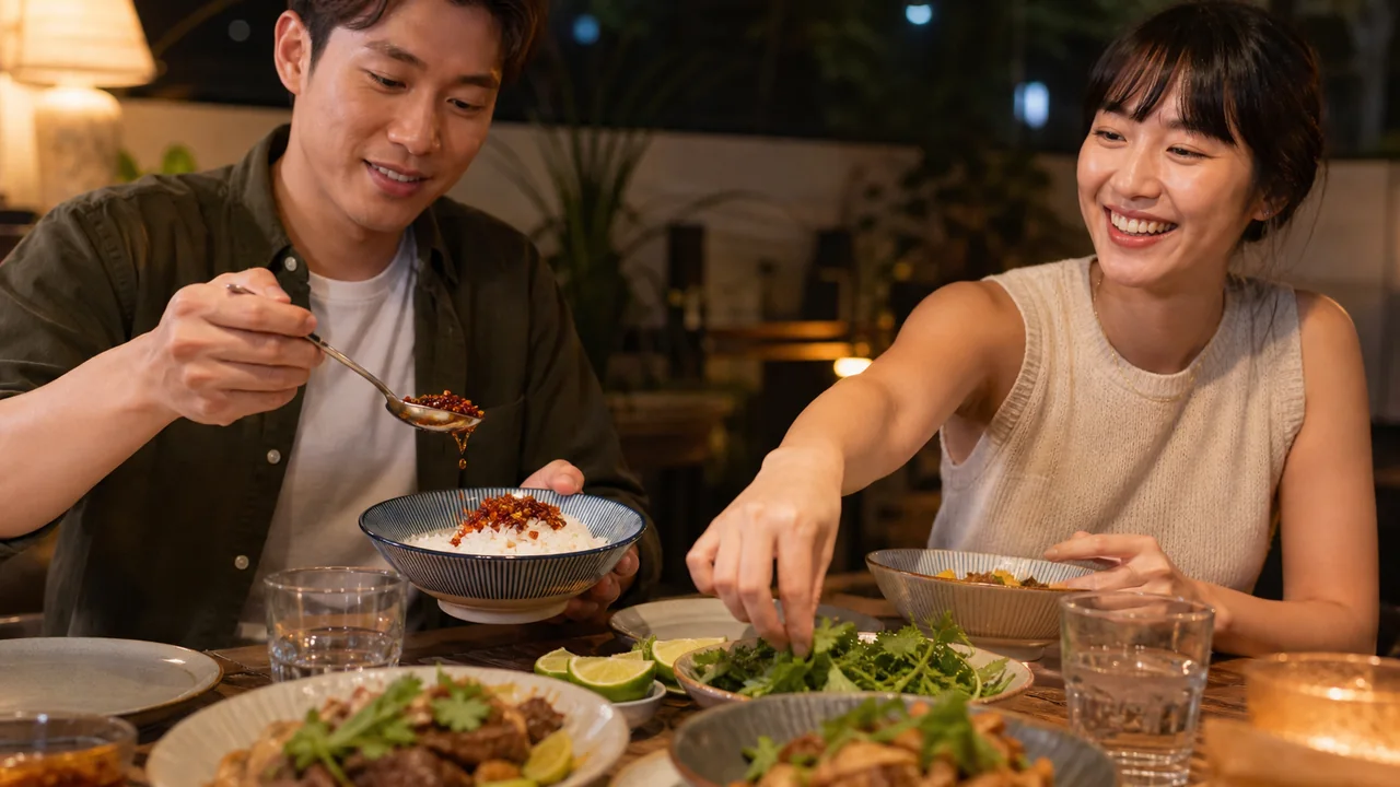 Friends serving jasmine rice with Thai crispy chili at the table