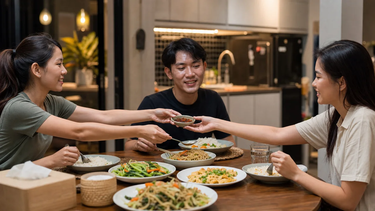 Friends sharing everyday meals finished with Thai crispy chili