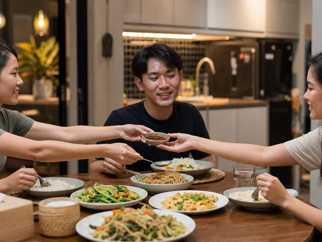 Friends sharing everyday meals finished with Thai crispy chili