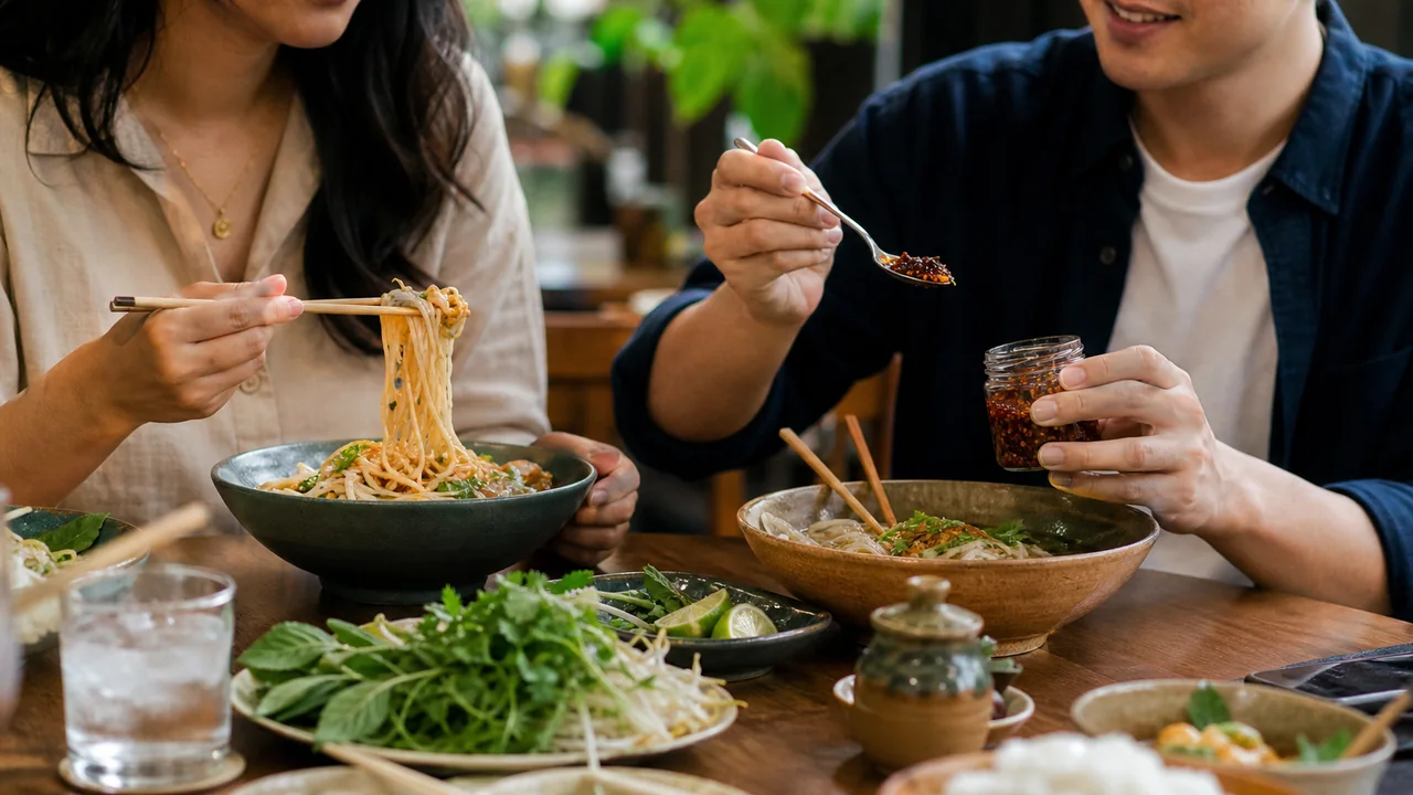 Diners adding Thai crispy chili to noodle bowls at the table