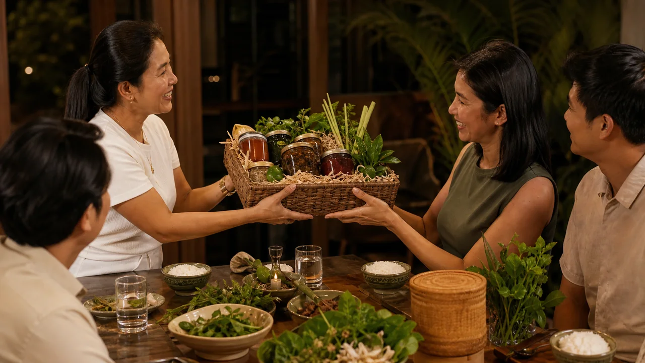 Friends presenting a premium Thai condiment gift at dinner