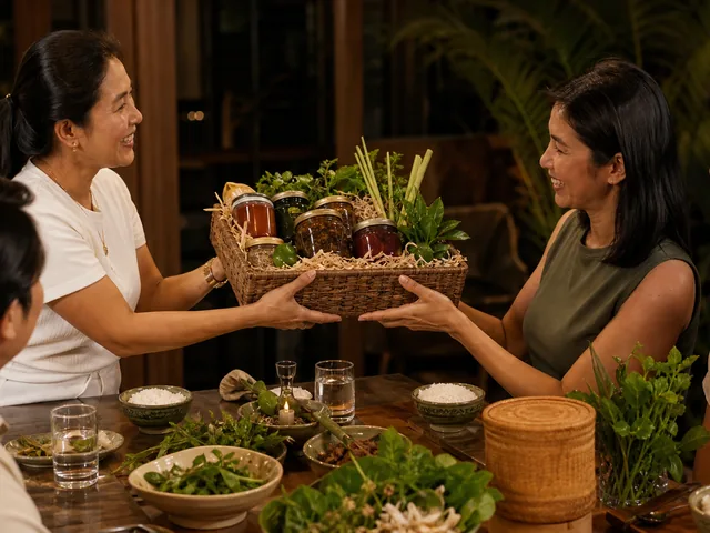 Friends presenting a premium Thai condiment gift at dinner