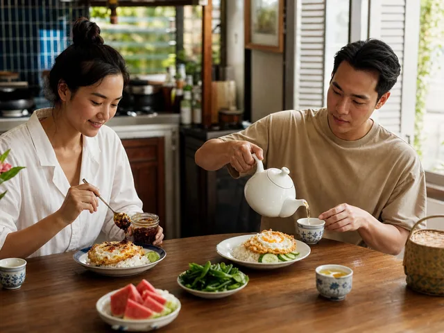 People eating Bangkok-style crispy chili eggs and jasmine rice