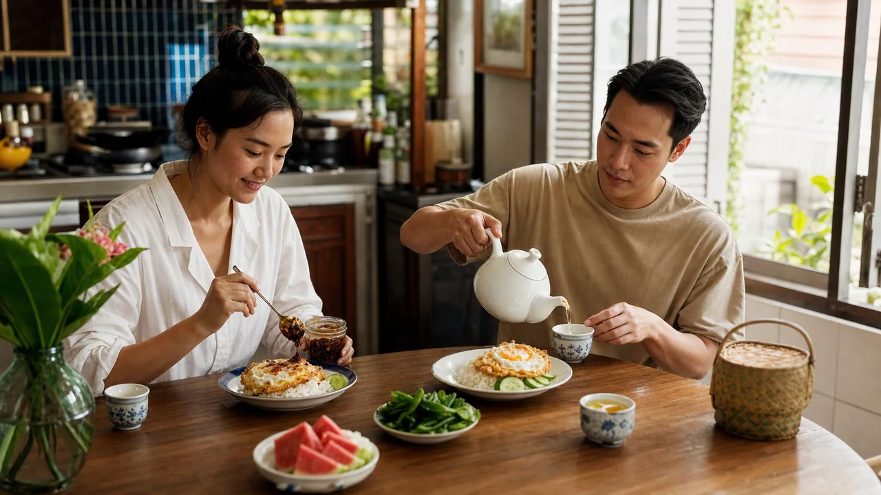 People eating Bangkok-style crispy chili eggs and jasmine rice