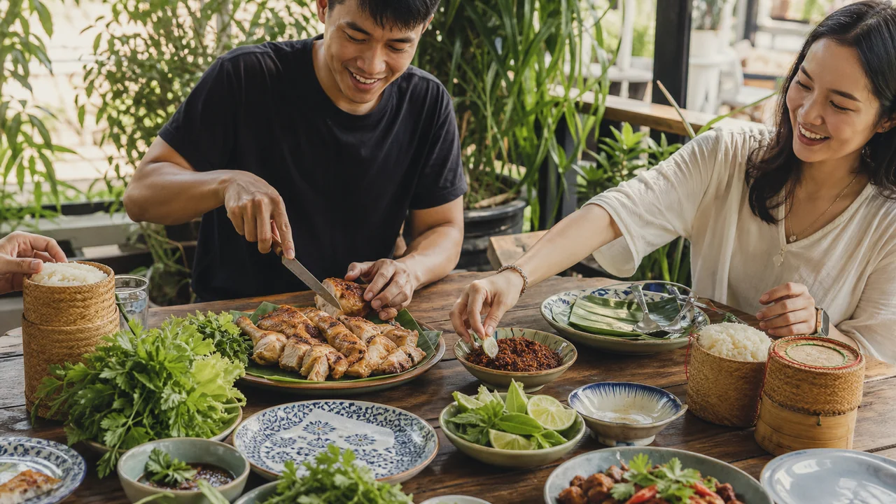 Friends serving Chiang Mai grilled chicken with crispy chili dip