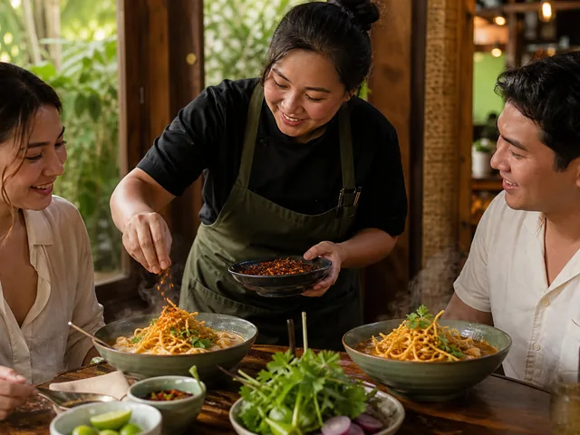 Cook serving khao soi inspired noodles with crispy chili to diners