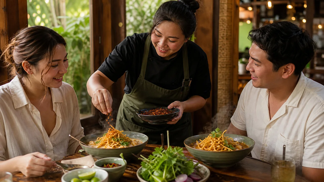 Cook serving khao soi inspired noodles with crispy chili to diners