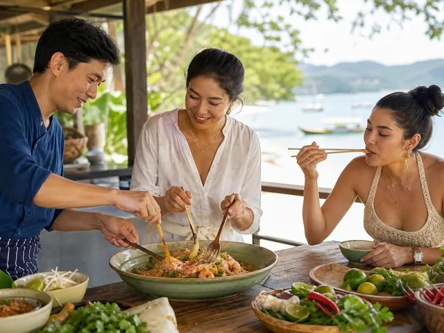 People tossing Phuket prawn noodle salad with herbs and crispy chili