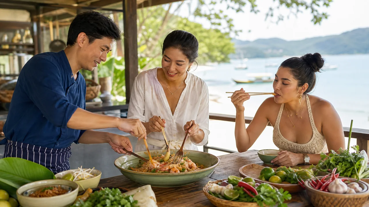 People tossing Phuket prawn noodle salad with herbs and crispy chili
