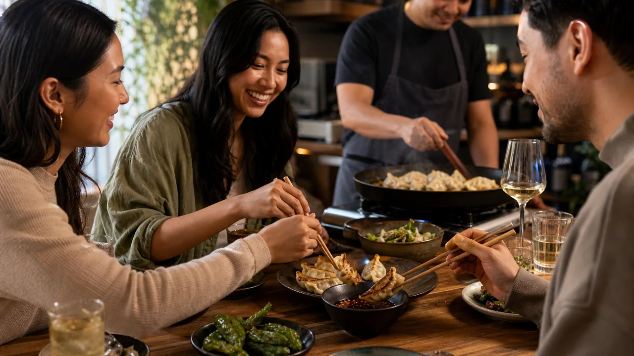 Friends sharing dumplings with smoky tamarind crispy chili sauce