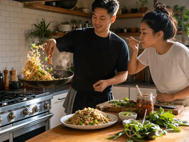 Cook preparing Thai basil garlic fried rice with crispy chili