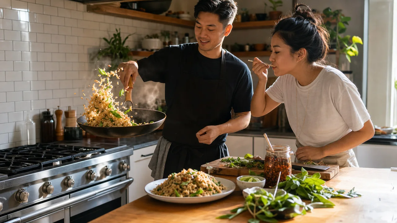 Cook preparing Thai basil garlic fried rice with crispy chili