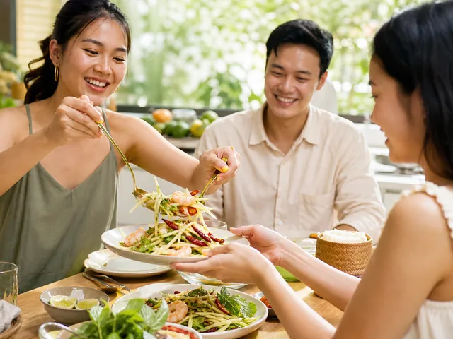 Friends sharing Thai mango prawn salad with herbs and crispy chili