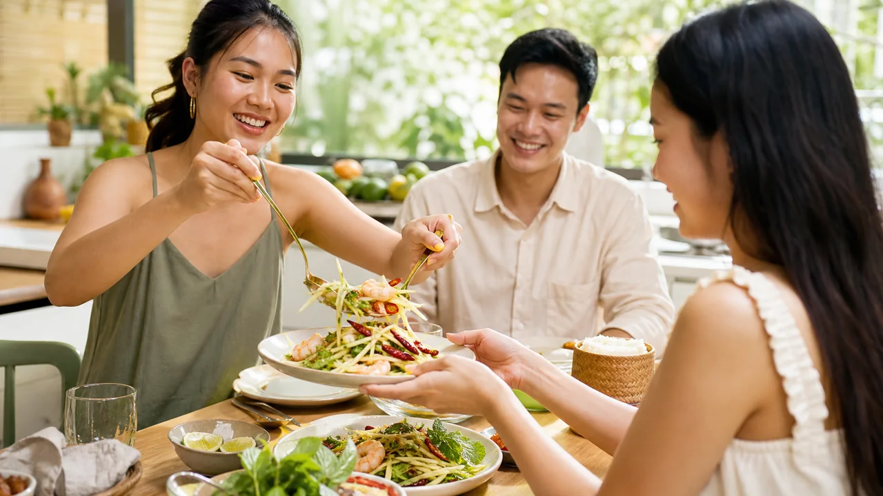 Friends sharing Thai mango prawn salad with herbs and crispy chili