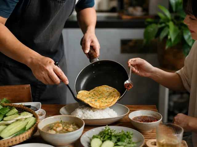 Cook serving Thai omelet rice with crispy chili at the table
