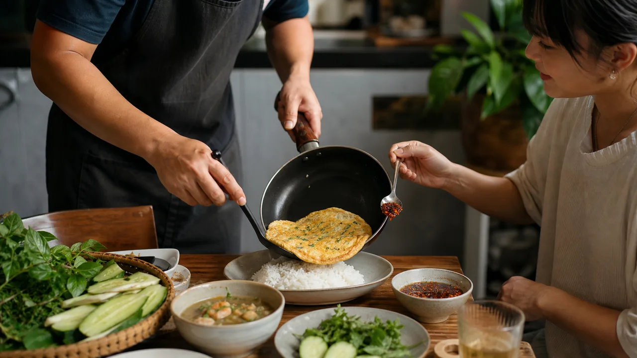 Cook serving Thai omelet rice with crispy chili at the table