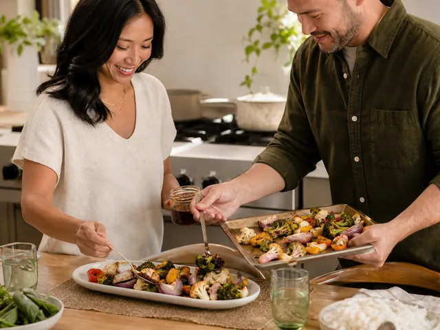 People serving roasted vegetables with basil garlic crispy chili