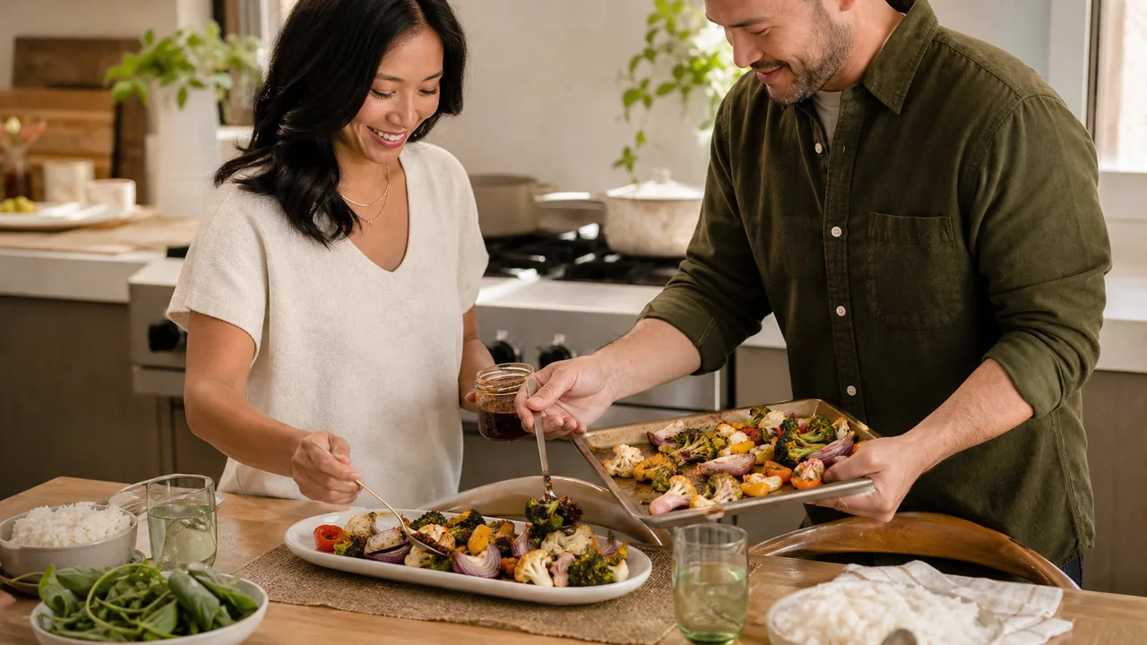 People serving roasted vegetables with basil garlic crispy chili