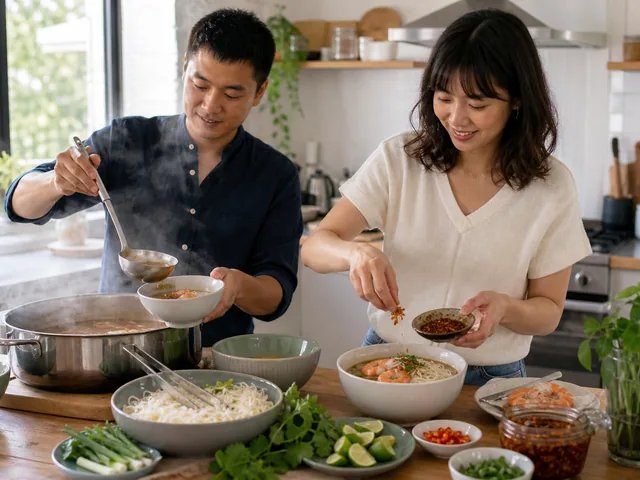 People serving tom yum lime noodle soup with Thai crispy chili