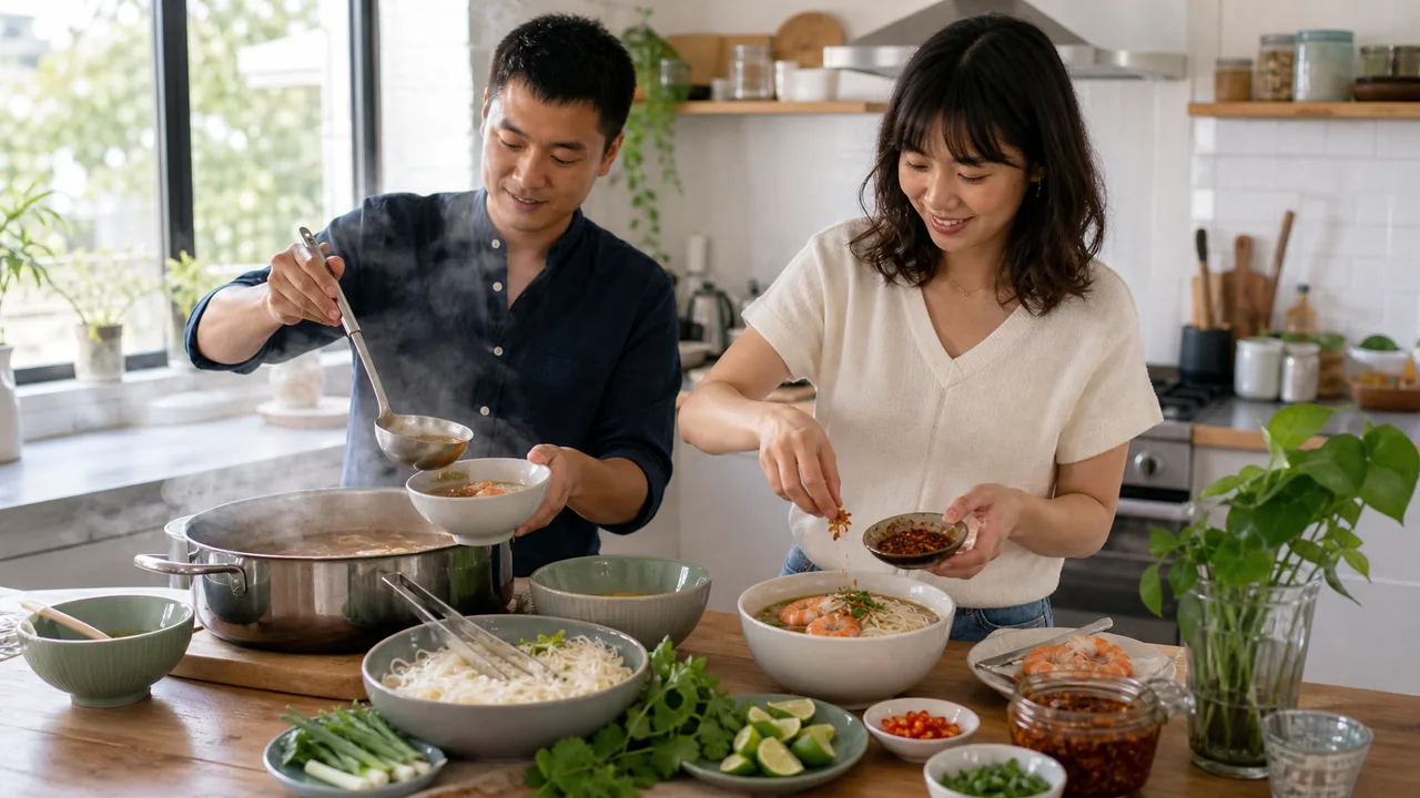 People serving tom yum lime noodle soup with Thai crispy chili