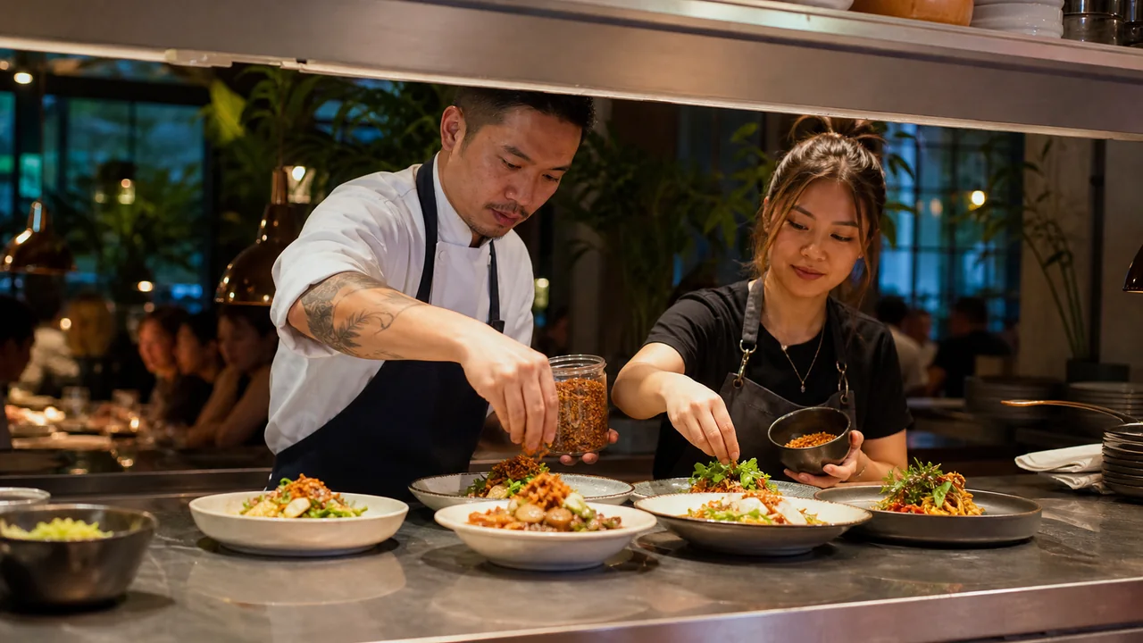 Restaurant team finishing Thai-inspired dishes with crispy chili