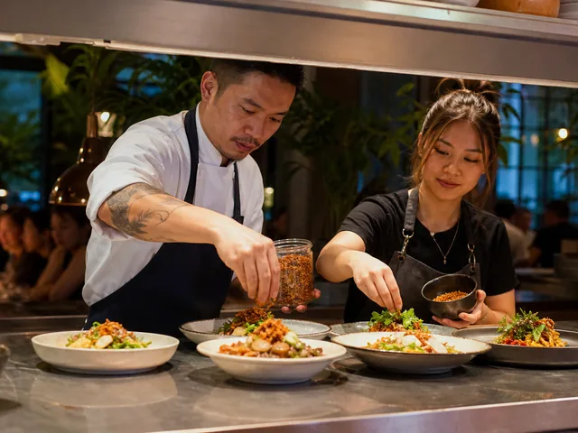 Restaurant team finishing Thai-inspired dishes with crispy chili
