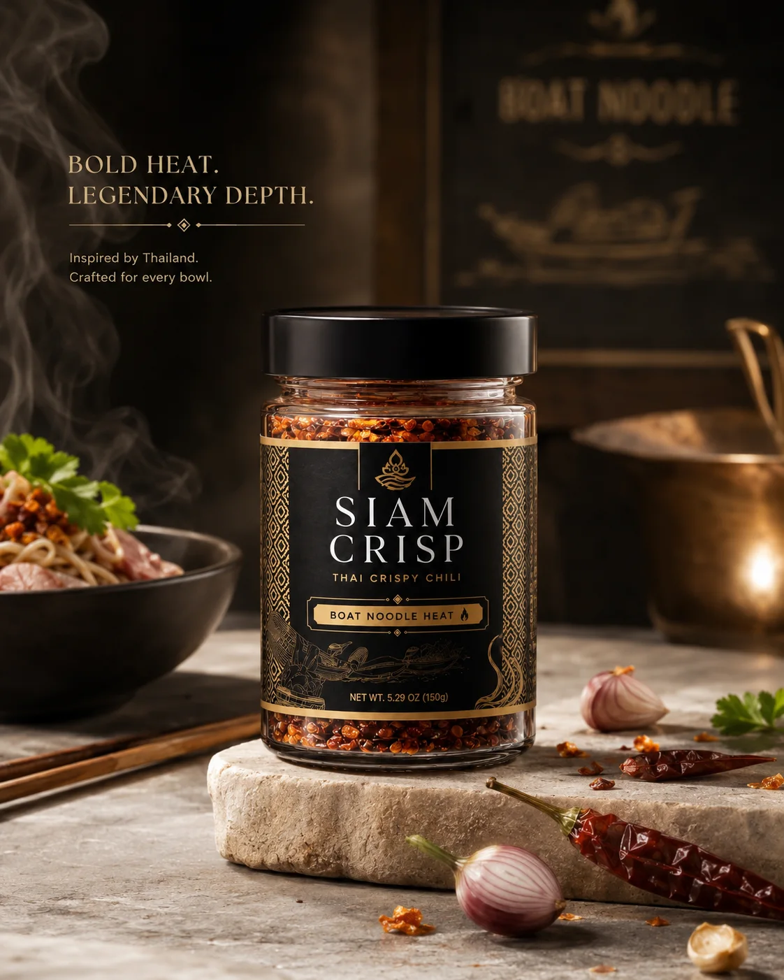 Siam Crisp Boat Noodle Heat jar beside a steaming noodle bowl, shallot, dried chili, herbs, and the words Bold Heat Legendary Depth