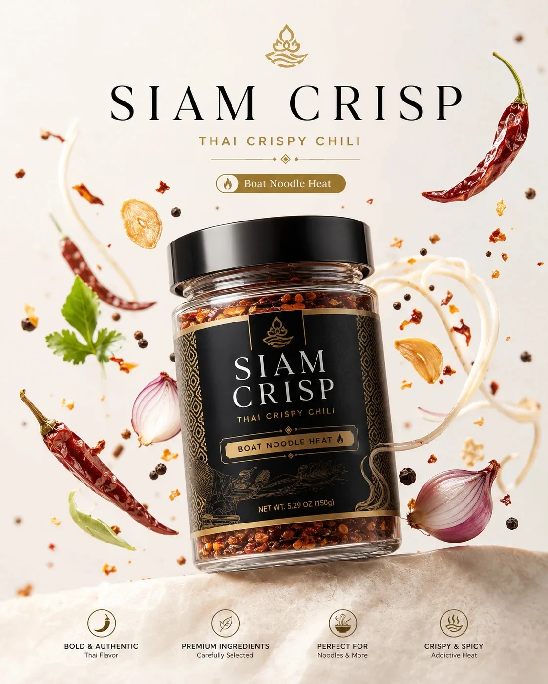 Siam Crisp Boat Noodle Heat brand poster with bold authentic Thai flavor, premium ingredients, noodle pairing, and crispy spicy heat icons