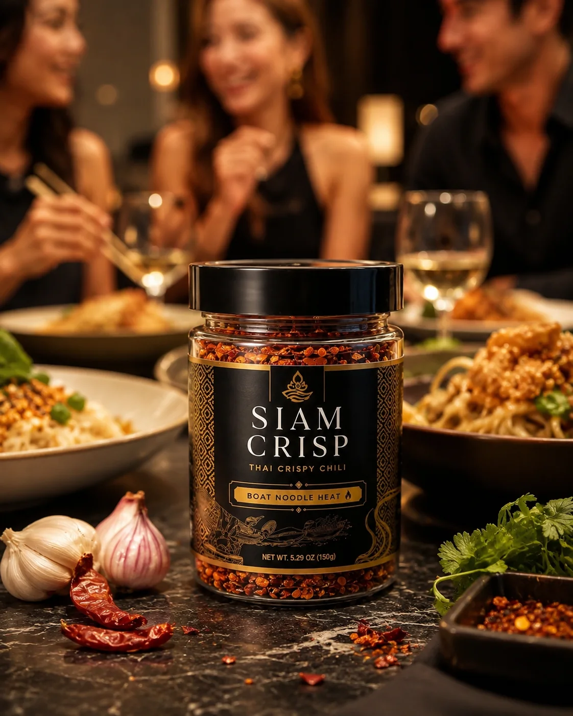 Siam Crisp Boat Noodle Heat jar on a restaurant table with noodle dishes, herbs, garlic, chili, and diners in the background