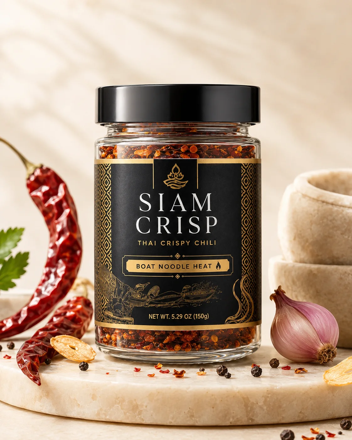 Siam Crisp Boat Noodle Heat jar with dried chilies, garlic, shallot, pepper, cilantro, and stone mortars