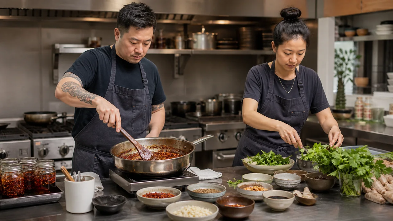 Kitchen team cooking a small batch of Thai crispy chili aromatics