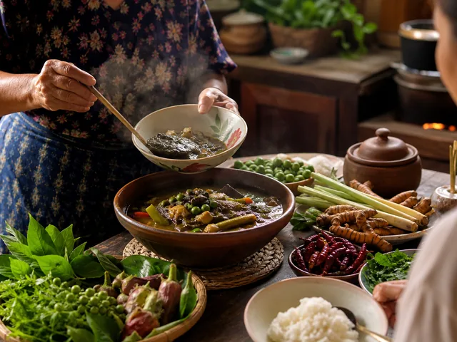 Southern Thai gaeng tai pla served at a table with rice and herbs