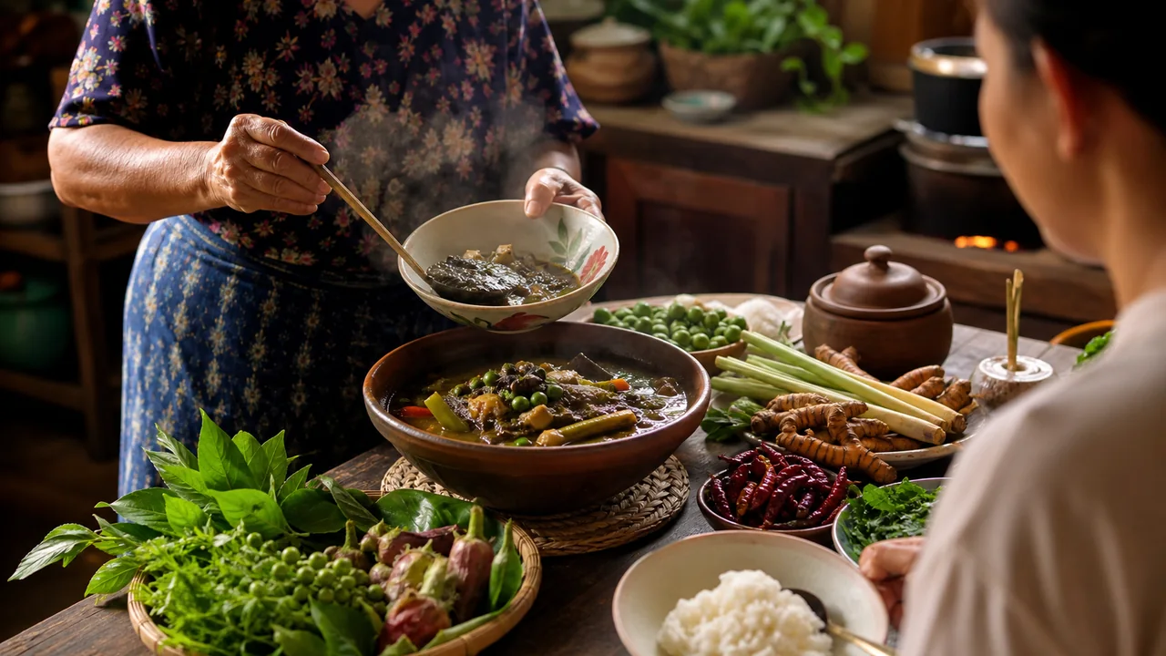 Southern Thai gaeng tai pla served at a table with rice and herbs
