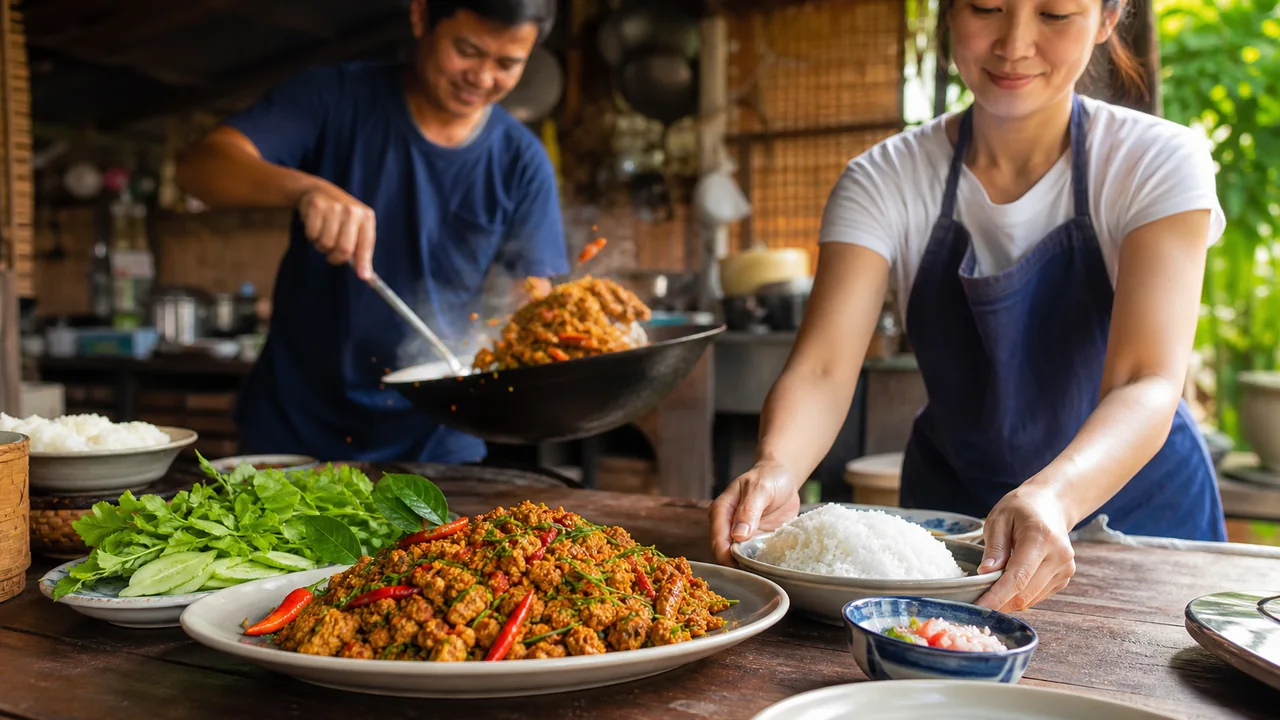 Cook serving khua kling dry curry with rice and fresh vegetables