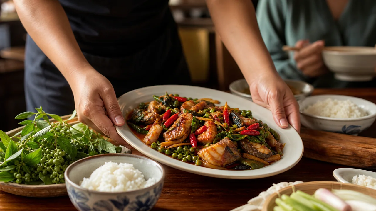 Spicy pad phet pla duk served with rice, basil, and chilies