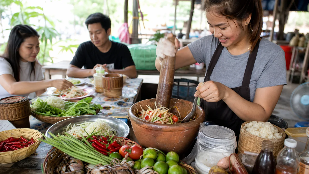 Cook pounding som tam poo pla ra green papaya salad in a clay mortar