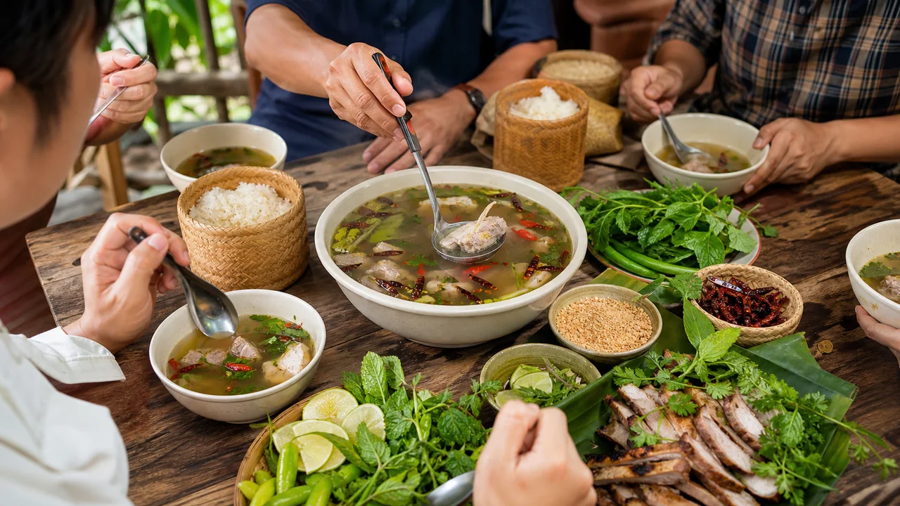 Friends sharing tom saep Isan hot and sour soup with sticky rice