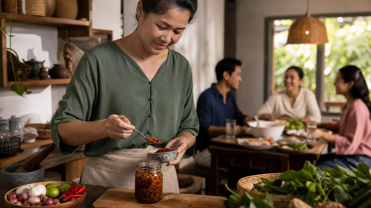 Home cook spooning Thai crispy chili while friends gather for dinner