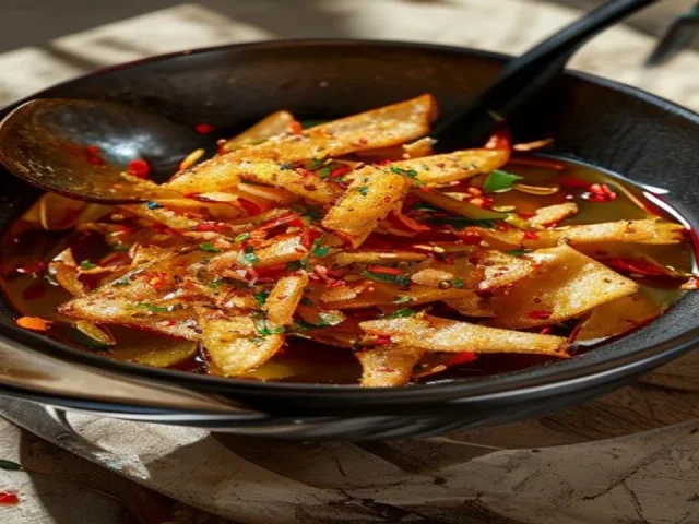 Home cook spooning Thai crispy chili while friends gather for dinner