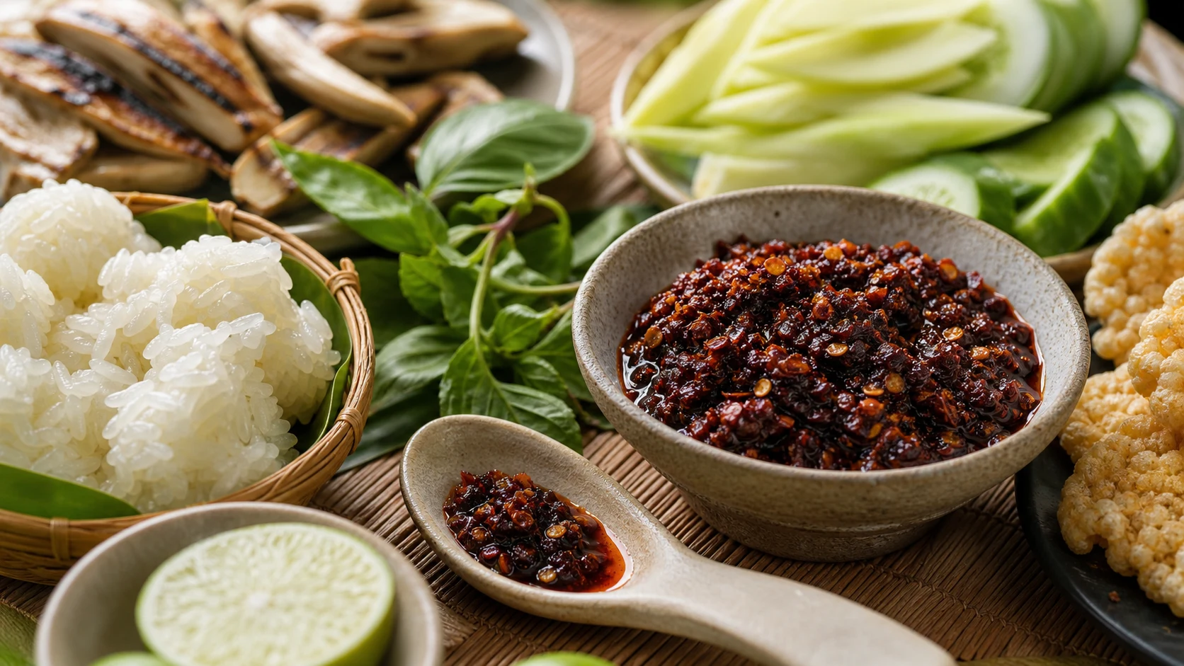 Bowl and spoon of Thai crispy chili beside sticky rice, green mango, cucumber, basil, lime and rice crackers
