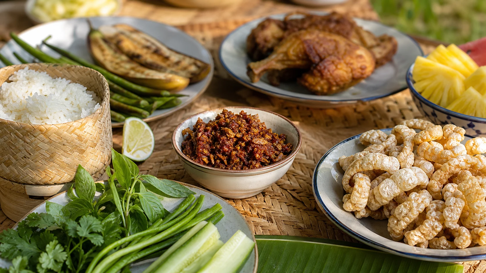 Thai market picnic with crispy chili, sticky rice, herbs, cucumber, lime and rice crackers on a woven mat