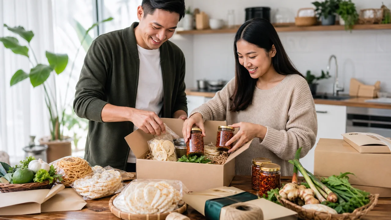People assembling a Thai pantry gift box in a bright kitchen