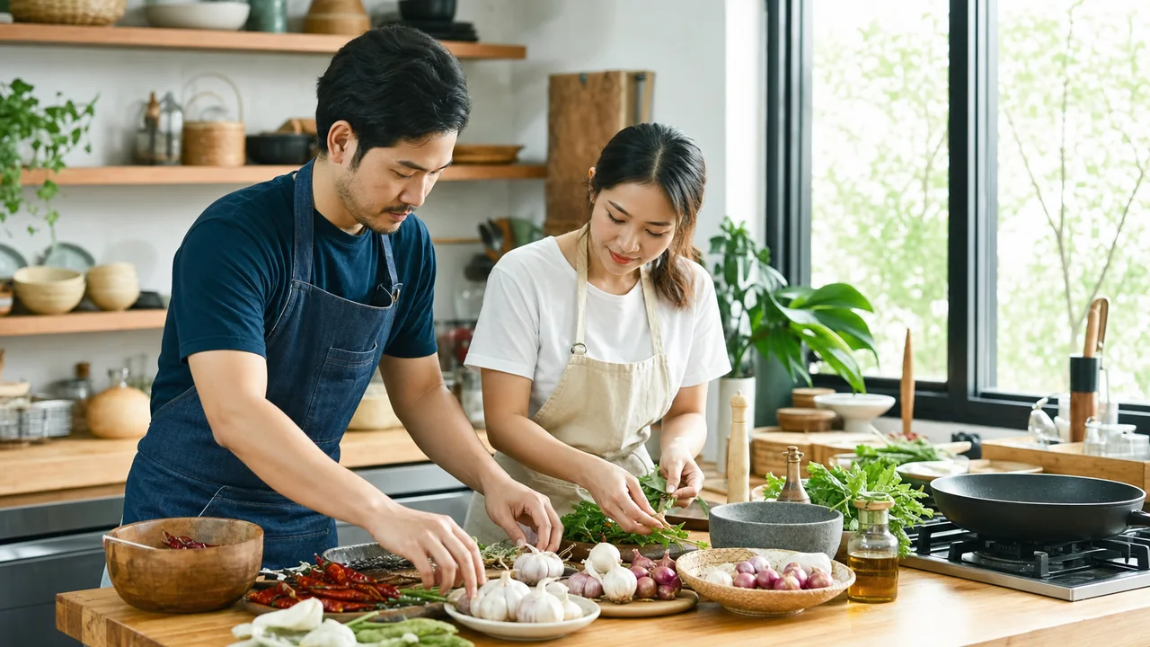 People preparing Thai pantry ingredients for crispy chili
