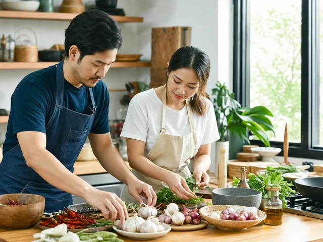 People preparing Thai pantry ingredients for crispy chili