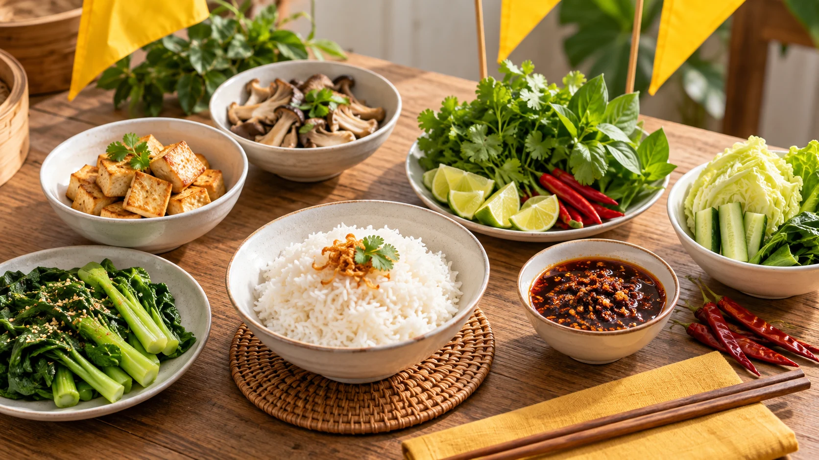Thai vegetarian festival pantry table with rice, tofu, mushrooms, herbs, lime, greens and a separate crispy chili bowl