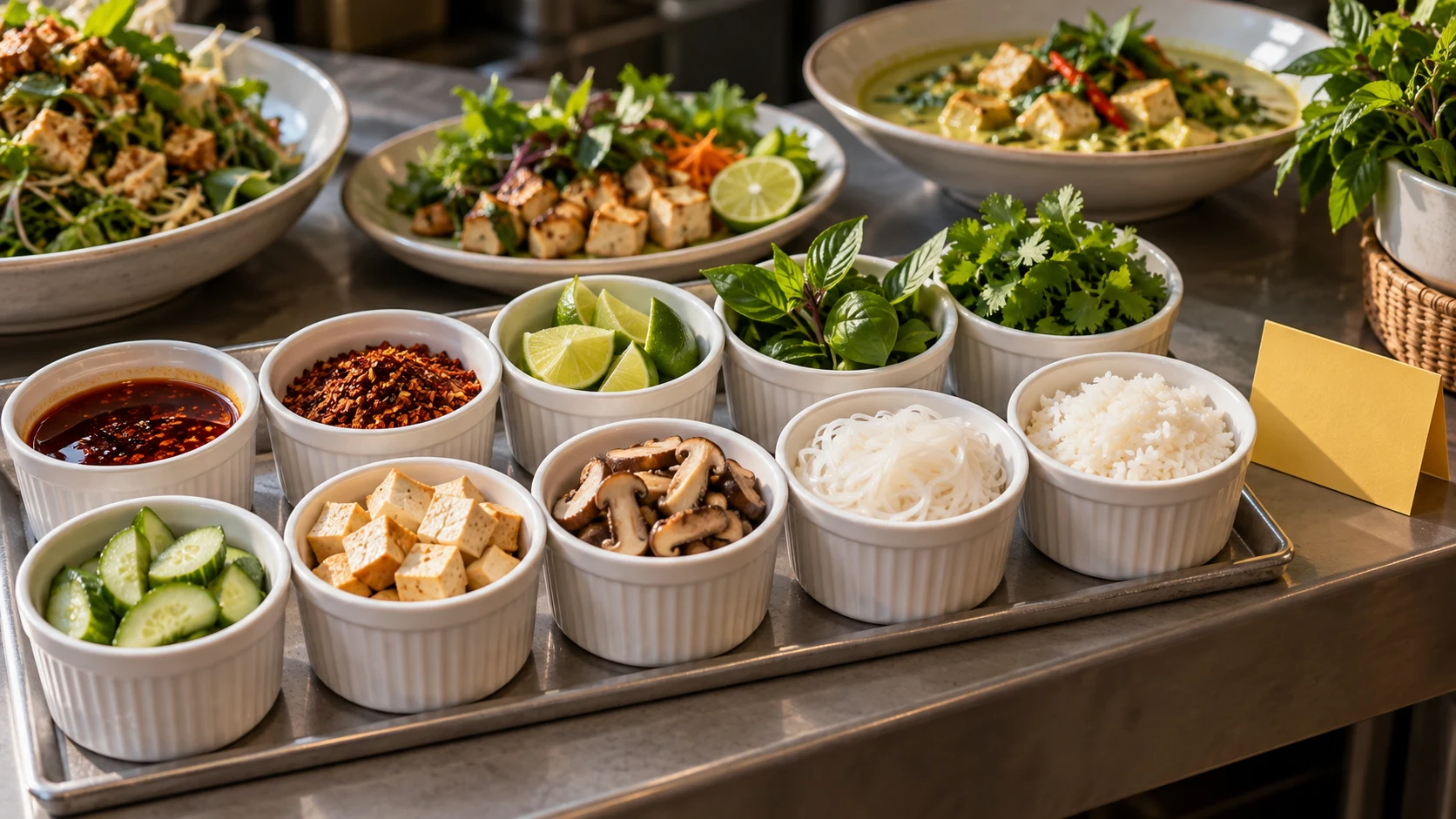 Thai plant-forward condiment station with tofu, mushrooms, rice noodles, rice, herbs, lime and chili bowls