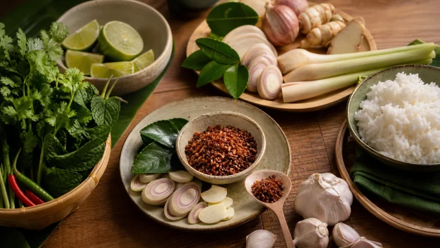Thai crispy chili with jasmine rice, lime, herbs, lemongrass and garlic on a wooden table