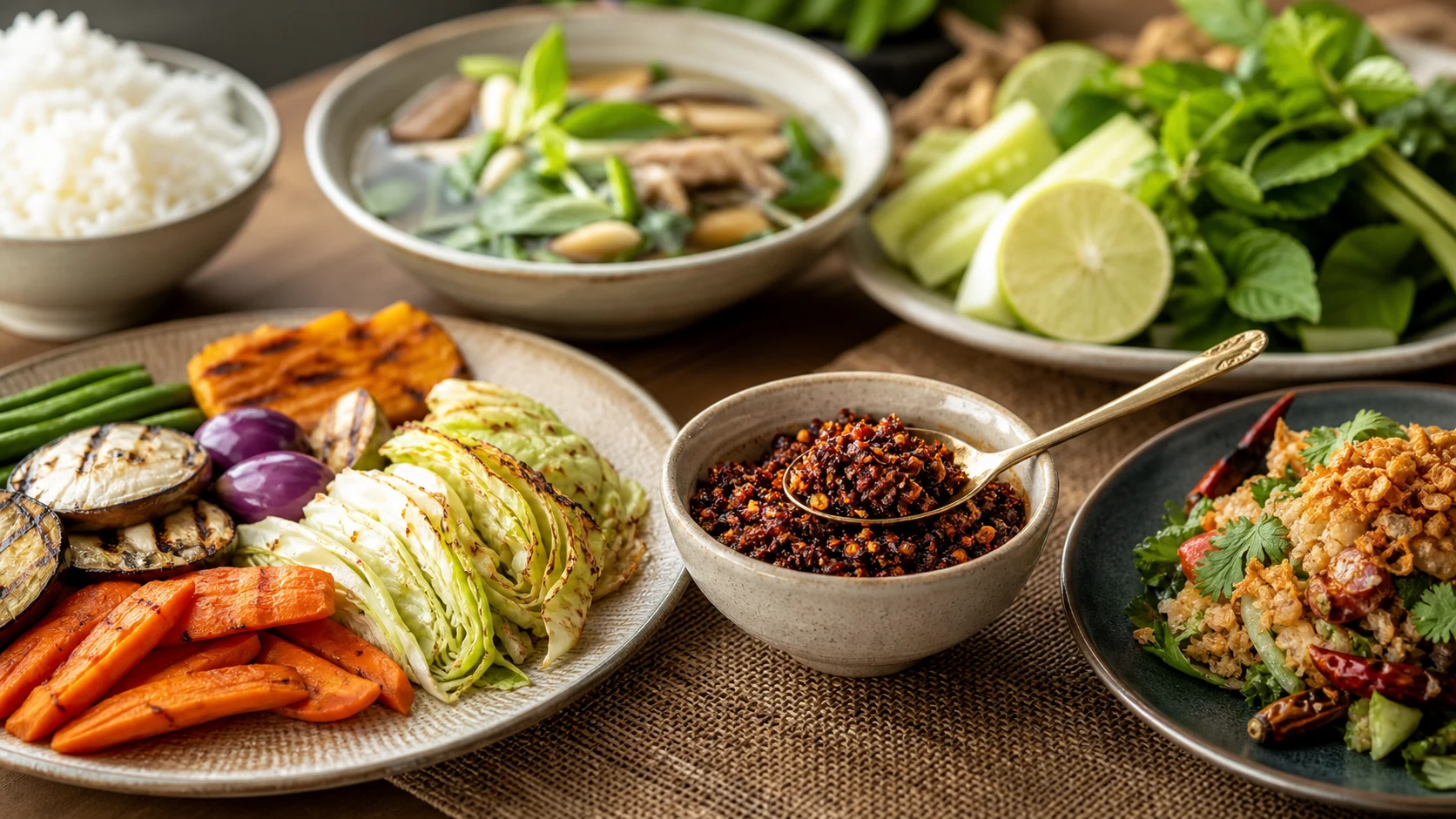 Bowl of Thai crispy chili with grilled vegetables, herbs, lime, rice and Thai dishes